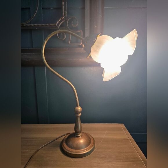 Vintage Brass And Glass Gooseneck Table Lamp/Decorative Nightstand French 16x11 - Picture 2 of 12